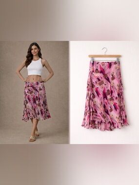 James Coviello Silk Floral Skirt Pink Ruffle Midi Y2K Sz 8